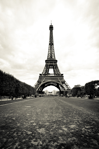 Vertical view of Eiffel Tower.  Professional edits including desaturation, black clipping and light cream tone added for antique effect.