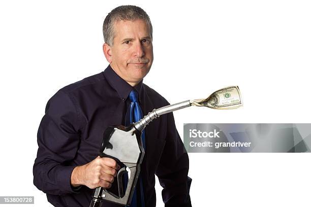Man With Gasoline Nozzle And Cash Stock Photo - Download Image Now - Gas Station, Humor, Anger