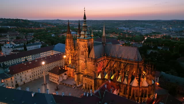 Aerial view of Prague Old Town with St. Vitus Cathedral and Prague castle complex