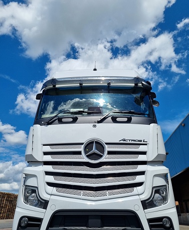 Felixstowe, United Kingdom – July 02, 2023: In this image a Mercedes Benz truck is featured from the front view