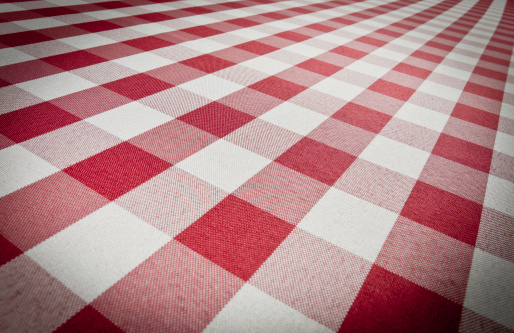 Close POV image of a red checkered gingham cloth showing lines of perspective into the distance.