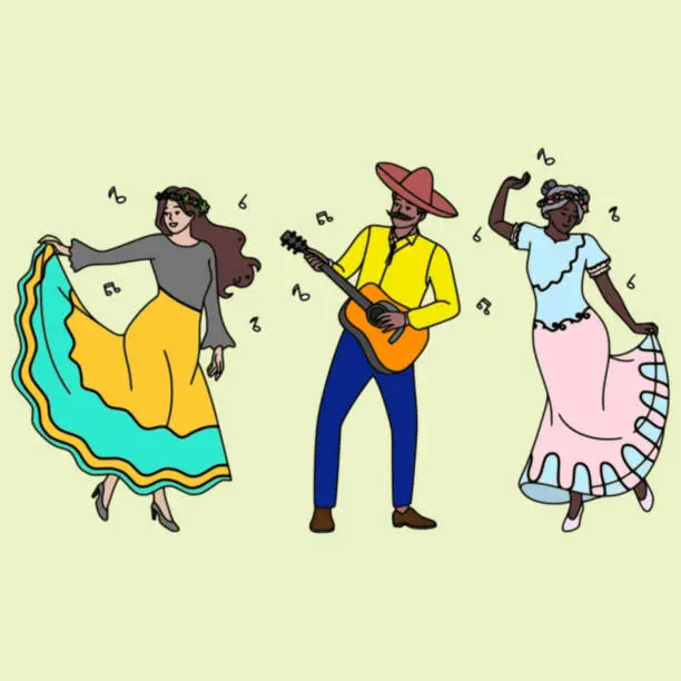Vector illustration of tree multi race musicians dancing and playing guitar