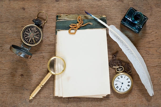 istock Antique notebook, compass, pocket watch, quill, magnifying glass 153804049
