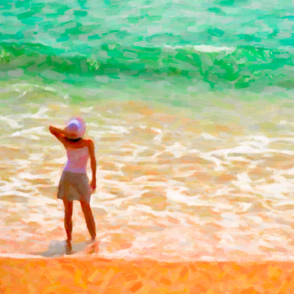 Oil painting: woman standing in the sea waves