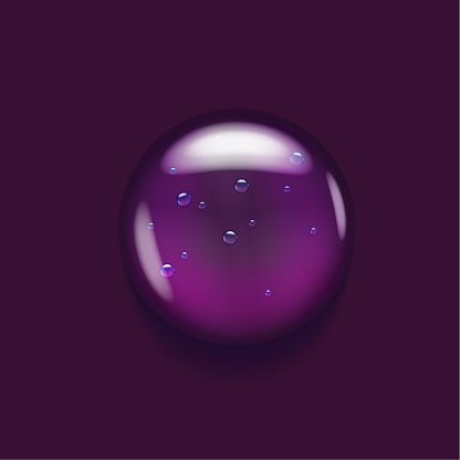 Transparent serum swatch on purple background. Essential glycerin cream toner concept. Oily moisture smear puddle. Round wash fuid microscope realistic blob