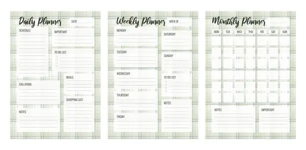 Vector illustration of Set of Daily Weekly Monthly planner printable vector template. Blank organizer page A4, A5. Collection of business schedule pages for effective planning. Personal notebook. Paper sheet.