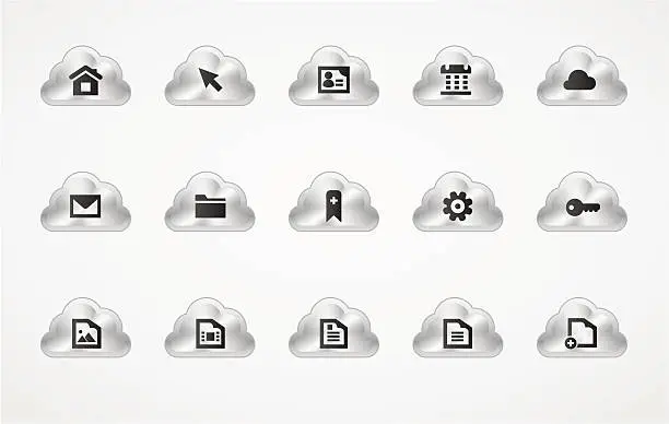 Vector illustration of Web and office icons | Metallic clouds.