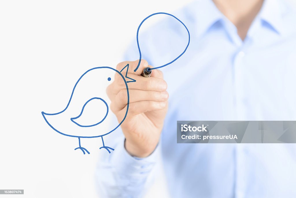 Man drawing a blue bird with a speech bubble Young businessman drawing social media communication concept. Isolated on white. Adult Stock Photo