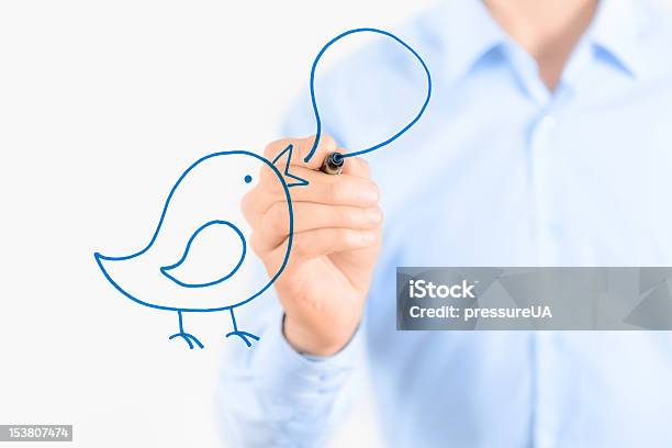 Man Drawing A Blue Bird With A Speech Bubble Stock Photo - Download Image Now - Adult, Adults Only, Bird