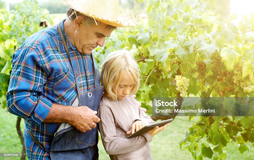 Nonno e nipoti con tablet in the vineyard - Foto stock royalty-free di Nipote femmina di zia