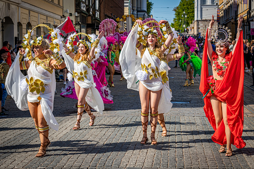 June, 2023. Helsinki, Finland. Helsinki Samba Carnaval which is celebrated every June. Dancer in a colorful outfit on the street.