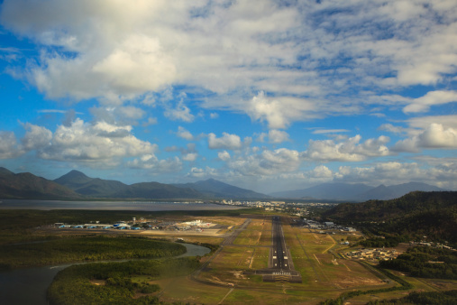 Aerial view of the landing approach to the runway at Cairns Airport Australia