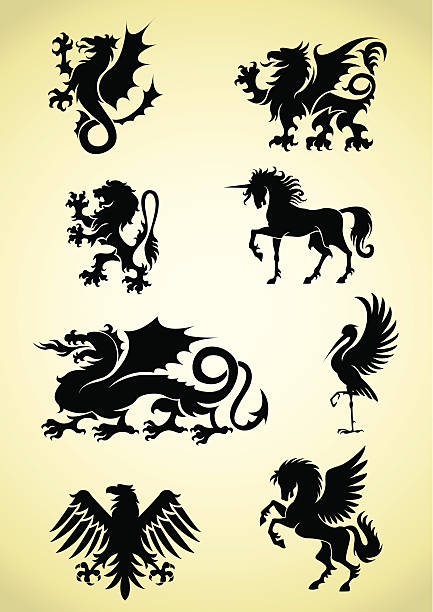 ilustraciones, imágenes clip art, dibujos animados e iconos de stock de conjunto de animales heraldry mitológicos - pegasus horse symbol mythology