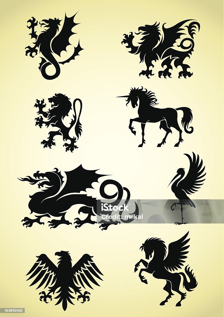 Set of heraldry mythological animals Set of  heraldry mythological animal design elements,black colored.ZIP contain AI12cs2 ,PDF and jpeg  files. Coat Of Arms stock vector