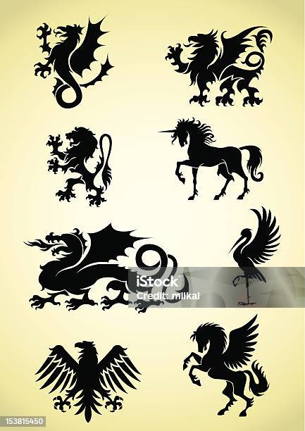 Set Of Heraldry Mythological Animals Stock Illustration - Download Image Now - Coat Of Arms, Dragon, Unicorn
