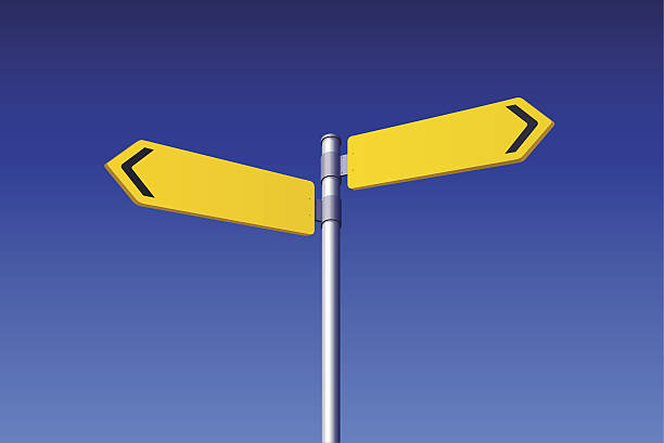 Two Blank Road Signs Two Blank Yellow Road Signs on Blue Sky Background. Choose concept. forked road illustrations stock illustrations