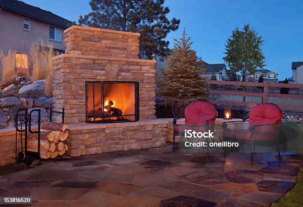 Outdoor Flagstone Platform With Fireplace Chairs Stock Photo - Download Image Now - Fireplace, Outdoors, Patio