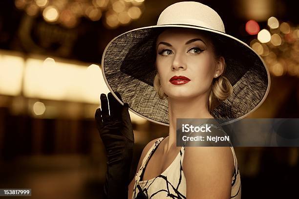 Fashionable Woman In Hat Blurred Background Stock Photo - Download Image Now - Adult, Adults Only, Backgrounds