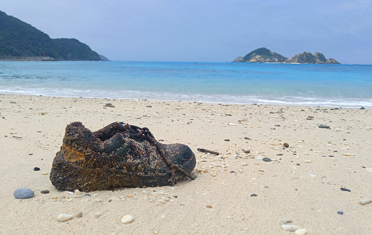 Shoe inhabitated by mollusks and other sea life washed up by the East China Sea on Aharen Beach in Tokashiki Island, Okinawa, Japan.