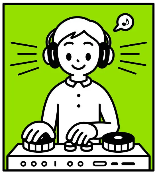 Vector illustration of A boy wearing headphones and playing on turntables, looking at the viewer, minimalist style, black and white outline