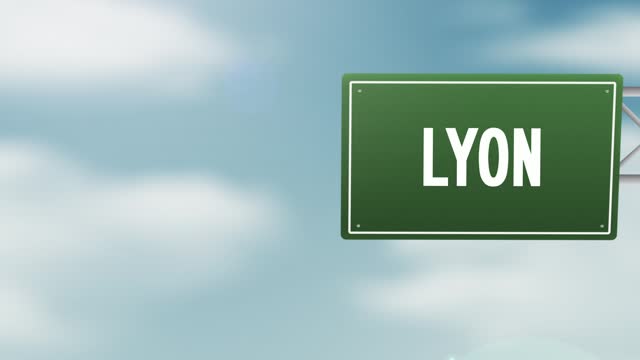 Lyon City of France - French Region City Town road sign over the blue cloudy sky - Stock video