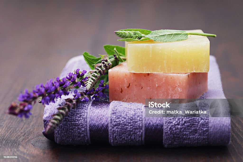 ready to bath sage soap on towels - beauty treatment Aromatherapy Stock Photo