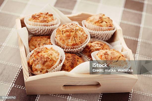 Savory Muffins With Ham And Cheese In Wooden Tray On Plaid Stock Photo - Download Image Now