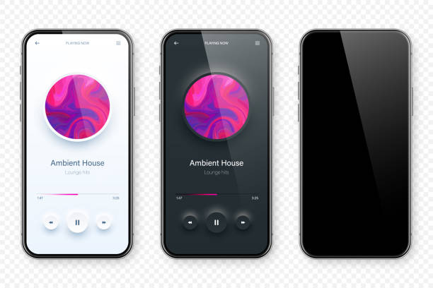 Online audio player user interface, smartphone app UI design. Music, media streaming and listening platform. Responsive mobile application. Neumorphism, neumorphic style. Vector illustration. Online audio player user interface, smartphone app UI design. Music, media streaming and listening platform. Responsive mobile application. Neumorphism, neumorphic style. Vector illustration computer settings screen stock illustrations