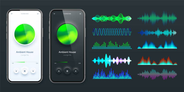 istock Online audio player user interface, smartphone app UI design. Music, media streaming and listening platform. Responsive mobile application. Neumorphism. Various sound waves. Vector illustration 1538226137