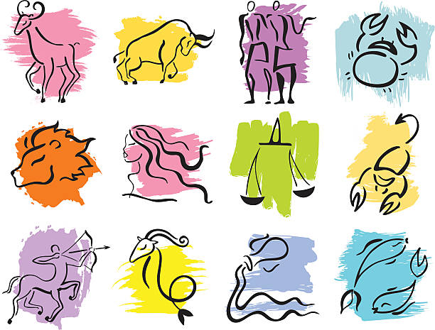 Different Multicolored horoscope signs Horoscope Zodiac Star signs. Illustrations of twelve female scorpio tattoos stock illustrations