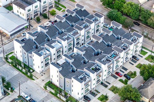 A housing development of townhouses located near downtown Houston, Texas shot from about 600 feet in altitude.