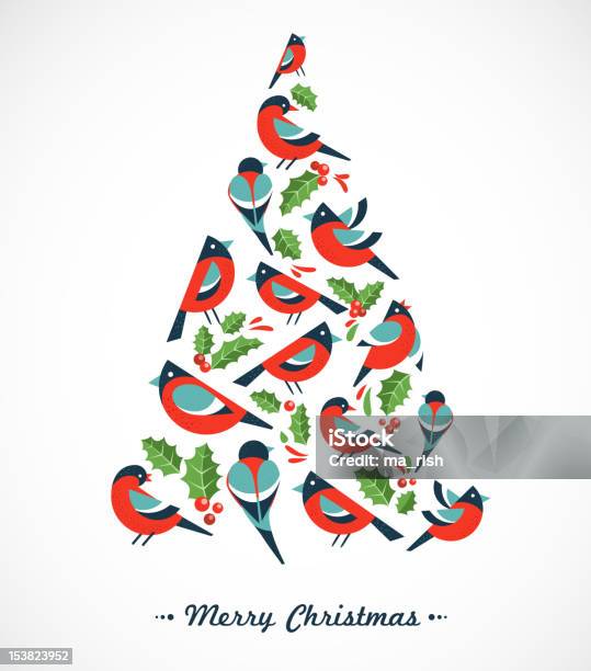 Weihnachten Baum Mit Vögeln Und Holly Leafs Stock Vektor Art und mehr Bilder von Ilex verticillata - Ilex verticillata, Abstrakt, Ast - Pflanzenbestandteil