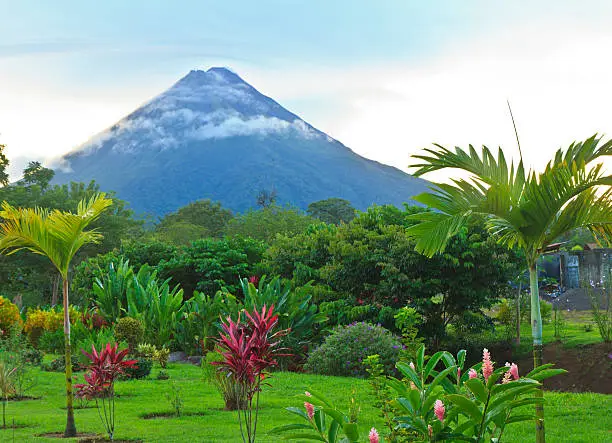 A lush garden in La Fortuna, Costa Rica with Arenal Volcano in the background.