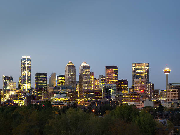 Calgary Downtown vista while Dusk is settling down stock photo