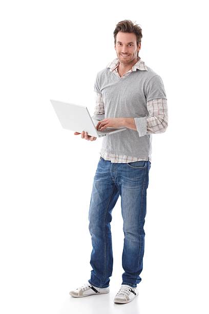 istock Casual man holding laptop smiling 153824638