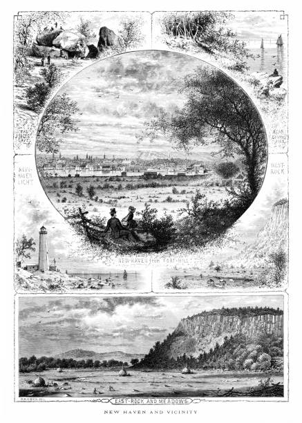 Montage of New Haven, Connecticut, United States, American Geography Six scenes of New Haven and vicinity in Connecticut, USA. Pencil and pen, engraving published 1874. This edition edited by William Cullen Bryant is in my private collection. Copyright is in public domain. rail fence stock illustrations