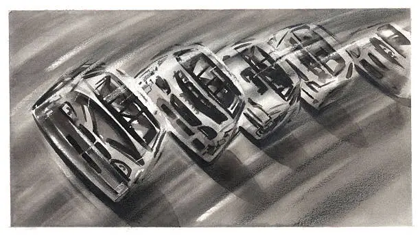 Generic Nascar Illustration in Black and White. Mix technique: Water color and Pencil.