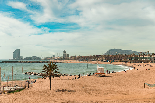 Panoramic image of Barceloneta beach in Barcelona, Catalonia. Spain
