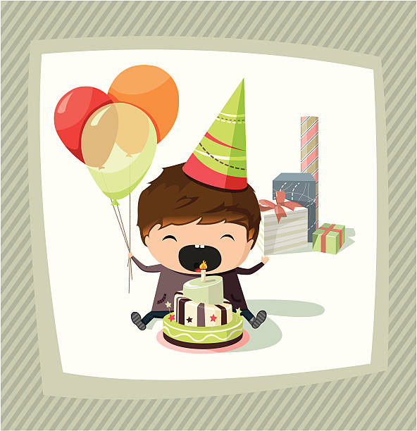 день рождения открытка с мальчик держит шар - birthday card greeting card banner striped stock illustrations