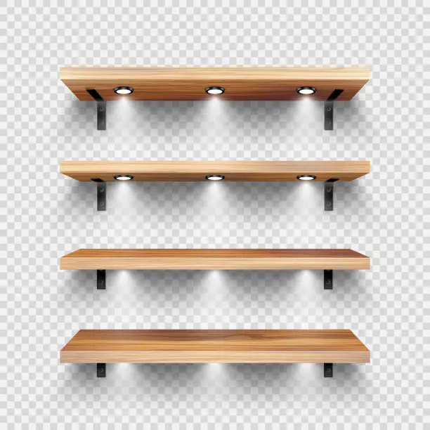 Vector illustration of Realistic wooden store shelves with wall mount and lighting, spotlights. Empty product shelf, grocery wall rack. Mall and supermarket furniture, bookshelf. Interior design. Vector illustration