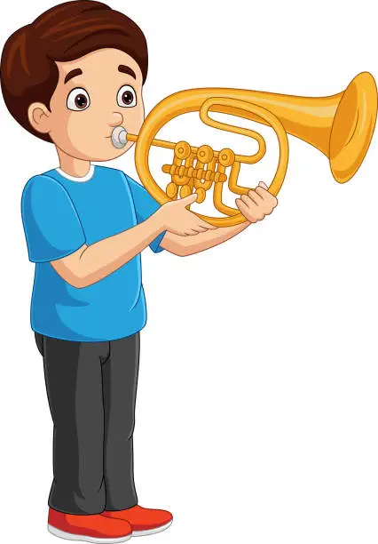 Vector illustration of Cartoon little boy playing golden trumpet