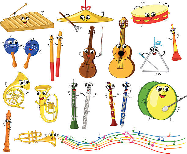 ilustraciones, imágenes clip art, dibujos animados e iconos de stock de conjunto de divertidos dibujos animados de instrumentos musicales - music sheet music smiley face flute