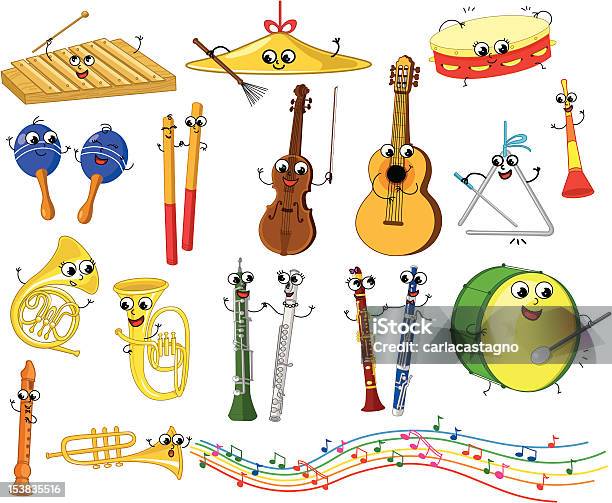 Zestaw Śmieszne Kreskówka Instrumenty Muzyczne - Stockowe grafiki wektorowe i więcej obrazów Klawesy - Klawesy, Ksylofon, Trąbka