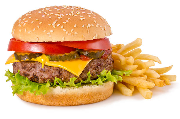 cheeseburger e patatine fritte - hamburger foto e immagini stock