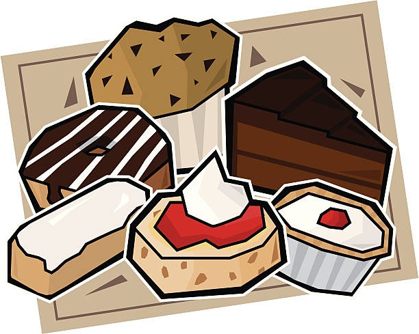 Cakes Doughnut, chocolate cake, choc chip muffin, iced bun, jam and cream scone, cherry bakewell tart. All on separate layers for easy editing clotted cream stock illustrations