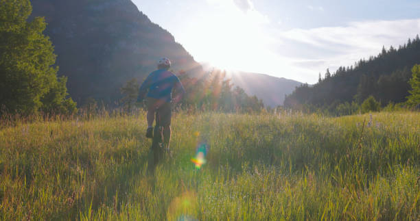 istock Male mountain biker rides across mountain meadow 1538449809
