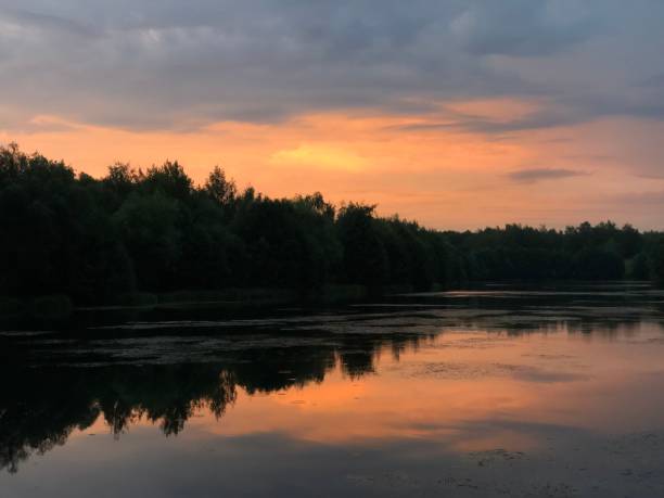 istock warm sunset over calm lake with cloudy sky and forest silhouetted on horizon 1538493399