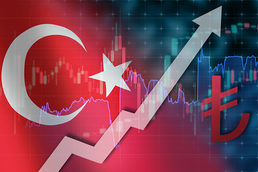 Turkey Lira fall. Turkish national currency logo. Economical crisis in Turkey. Growing up chart of Lira currensy exchange course. Falling down arrow.