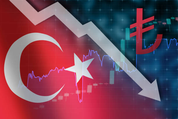 illustrazioni stock, clip art, cartoni animati e icone di tendenza di turchia lira caduta. logo della valuta nazionale turca. crisi economica in turchia. grafico di crescita del corso di cambio valuta lira. freccia che cade. - l flag