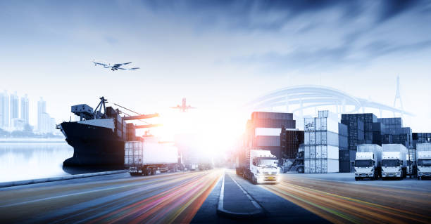 istock Logistics and transportation of Container Cargo ship and Cargo plane with working crane bridge in shipyard at sunrise, logistic import export and transport industry background 1538532221